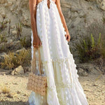 Flowy Cut Out Halter Neck Long Dress 3D Flower Chiffon Ruffle Frill Trim Puffy Swing Dress