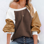 Nadorine Colorblock Bishop Sleeve Sweatshirt Plush Stitching Jumper Crop Top