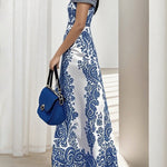 Bodycon High Waisted Flower Print Hollow Pockets Cold Shoulder Maxi Dresses