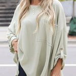 Kpion Pocket Crew Neck Button Down Long Sleeve Top