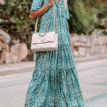 Sky Blue Paisley Print Split V Neck Tiered Boho Maxi Dress