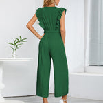 Nadorine Women's Casual Loose Jumpsuit V Neck Sleeveless Solid Ruffle Pleated Wide-leg Long Playsuit with Belt