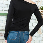 Women's One Off Shoulder Tops Asymmetrical Neck Long Sleeve Slim Wrap Tee Shirt Blouse