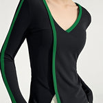 Long Sleeves Contrast Color Split-Front V-Neck Sweater Tops