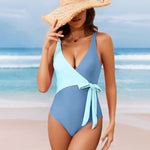 Nadorine Women's Color Block Wrap One Piece Swimsuits Bowknot Tie Side Bathing Suit