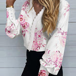 Nadorine Print V Neck Lace Long Sleeves Shirt Blouse Button Loose Tunic Top