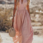 West Resort V Neck Sleeveless Cotton Linen Dress