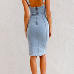 Margovil Adjustable Straps U Neck Slit Denim Bodycon Cami Dress
