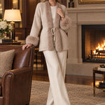 Gentle Retro Faux Fur Trim Light Khaki Knit Cardigan