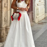 White Waist Loose Hem Sleeveless Round Neck Long Dress