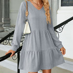 Solid Color Patchwork V-Neck Long Sleeves Loose-Fitting A-Line Dress