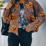 Halloween Pumpkin Sequined Distressed Corduroy Jacket