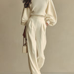 Women's Ivory Textured Set With Ribbed Crew Neck & High-Waisted Bottoms, Modern Sophisticated Style Set
