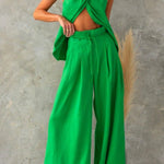 Sleeveless Halter Slit Top Paperbag Waist Wide Leg Pants Set