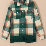 Plaid Snap Button Pocket Fringed Hem Shacket