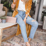 Margovil Stylish Open Front Long Sleeve Velvet Long Coat
