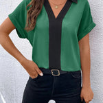 Loose Short Sleeves Contrast Color V-Neck T-Shirts Tops