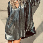 Party Queen Glitter Fabric V-neck Balloon Sleeve Loose Mini Dress