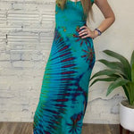 Tuscan Vibes Tie-dye Print Back Lace-up Slit Stretch Maxi Dress