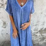 Bayside Bliss Linen Blend Short Sleeve Pleated Loose Midi Dress