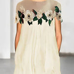 Loose Short Sleeves Flower-Embellished See-Through Split-Joint Round-neck Maxi Dresses