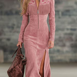 Lapel Collar Zip-up Side-slit Embroidered Faux Suede Long-sleeved Midi Dress