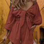 Half Sleeve Knot Front Crop Cardigan Top with Shorts Sets