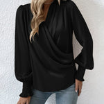 Nadorine Elegant V-neck Lantern Sleeve Blouse Temperament Solid Color Shirt for Women Casual Work Office Loose Fit 2026 | Under $40