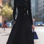 A-Line Long Sleeves Buttoned Pockets Solid Color Stand Collar Woolen Coat