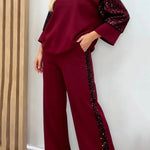 Stylish Sequined Loose-fitting Crew Neck Top and Casual Pocket Wide-leg Pants Set