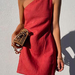 Margovil One Shoulder Solid Cotton Linen Mini Dress
