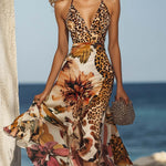 Halter Neck Leopard and Floral Print Midi Dress