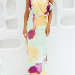 Asymmetric Shoulder Waisted Tie Dye Slit Maxi Dress