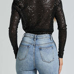 Margovil Wrap Deep V Neck Long Sleeves Sequin Bodysuit