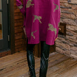 Margovil High Neck Side Slit Cheetah Pattern Sweater