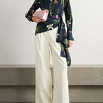 Long Sleeves Loose Asymmetric Flower Print Split-Joint Lapel Blouses&Shirts Tops