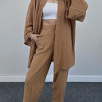Nadorine Women's Casual Loungewear Set Solid Color Loose Long Sleeve Kimono Cardigan and Pants