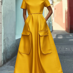 Short Sleeves Pockets Solid Color Stand Collar Maxi Dresses
