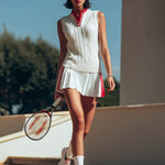 【24-hour shipping out】Retro Sports Style Stand-up Collar Pleated Sleeveless Knitted Top Pleated Skirt Suit