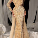 Evening Gown Dark Brown Sequined Lace Tulle Overskirt Mermaid Maxi Dress