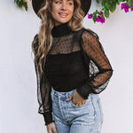 Turtle Mock Neck Polka Dot Sheer Mesh Long Sleeve Bodysuits Slim Body Suits Leotard Tops Jumpsuit