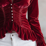Fashionable Retro Red Velvet Pleated Ruffled Long-sleeved Shirt