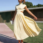 Stand Collar Solid Color Hollow Waist Long Dress