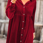 Long Sleeve Ruffle Velvet Button Up Shirt Dress