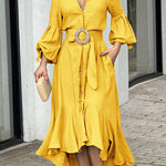 High-Low Puff Sleeves Pleated Solid Color Lapel Collar Maxi Dresses