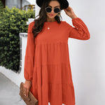 Long Puff Sleeve Shirt Dress Casual Crewneck Loose Fit Sundress Trendy Tiered Layer Summer Mini Dresses