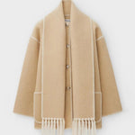 Women's Thickened Loose Woolen Coat with Fringed Scarf
