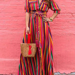 Long Sleeves Loose Split-Joint Striped Lapel Maxi Dresses Shirt Dress