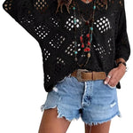 Bohemian V-neck Diamond-patterned Openwork Batwing Sleeve Knit Top