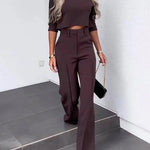 Nadorine Casual Two-Piece Set Slim-Fit Half-sleeve Crop Tops and Wide-Leg Pants